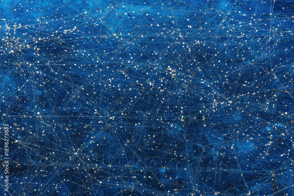 Poster a photo showcasing a blue background filled with numerous evenly spaced lines and dots cybernetic pa