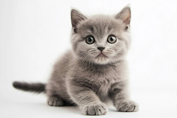Obraz premium Shorthair kitten exploring a bright white background. Generative AI