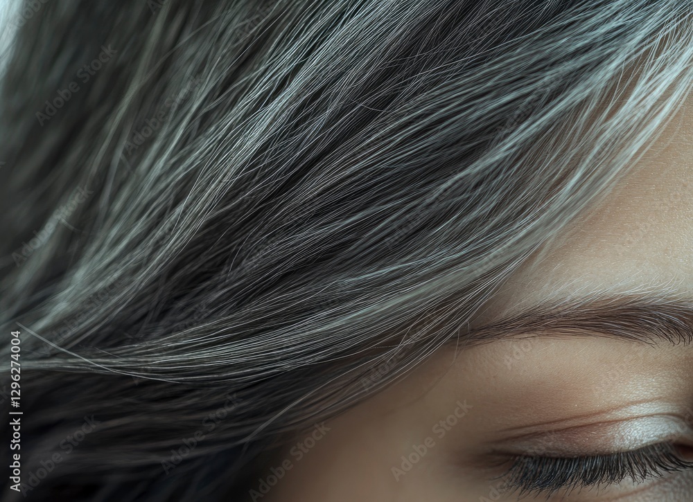 Wall mural Close-up of a woman's head with gray hair, focused on the forehead. The beautiful girl's dark brown hair is turning silver and gray due to age and stress. 