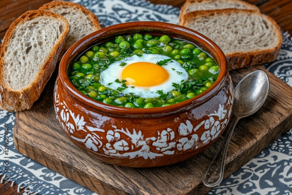 Poster a rustic bowl of trappist soup, brimming with green beans and egg yolk in an earthenware pot set on 