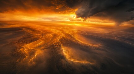 Dramatic Sunset Over Rolling Clouds and Ocean Waves at Dusk