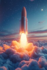 A rocket blasts off through the clouds into the starry night sky