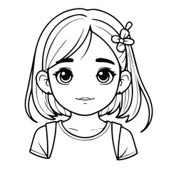 Cute black and white cartoon portrait of a girl with short hair and flower hairpin

