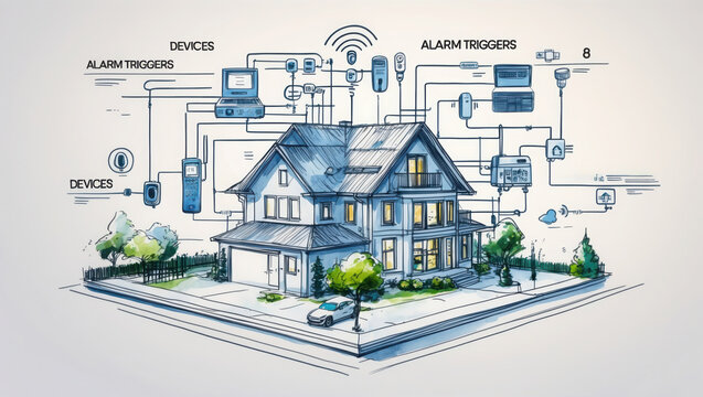 Home automation system sketch showing connected devices, sensors and alarms, line art of house, car and trees, residential technology diagram