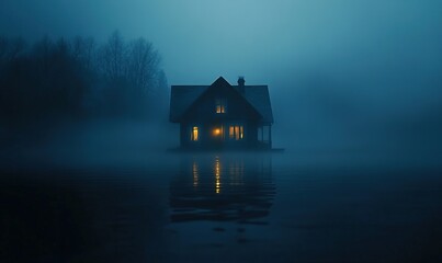 Isolated House Submerged in Foggy Water at Night
