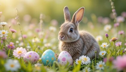 Light Brown Rabbit with Easter Egg in Flower Field