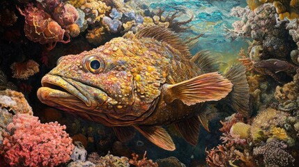 Fototapeta premium A large, detailed grouper fish swims amidst vibrant coral reef.