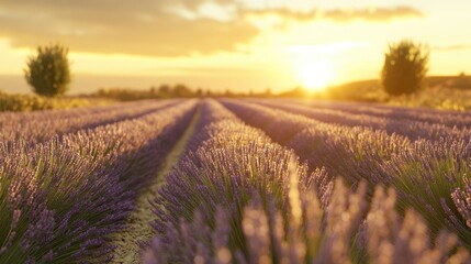 Obraz premium Rows of lavender glowing in the golden hour light, stretching toward the horizon under a tranquil sunset sky