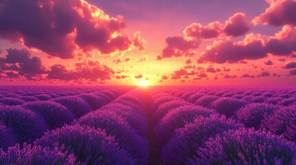 A breathtaking sunset over a lavender field, with glowing rows of purple blooms leading the eye to the golden horizon