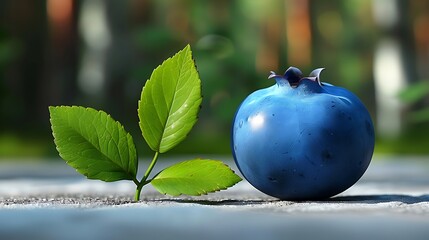 A minimalist abstract image featuring a single blueberry and a leaf casting soft shadows on a white background