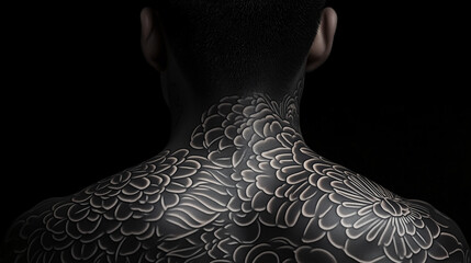 Obraz premium Ink Harmony: This captures the detailed art of the tattoo on the human body, blending art and skin. Shows a man’s back, a canvas for body art.
