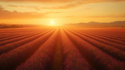 Fototapeta premium A golden sunset casting warm light over a wide lavender field, with vibrant rows stretching endlessly into the distance