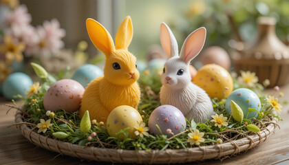 Easter-Themed Arrangement with Colorful Rabbit Figurines and Pastel Eggs