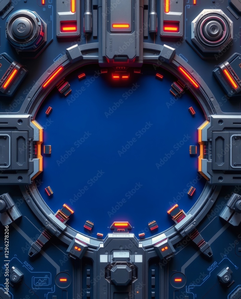 Poster a futuristic tech-panel with a round blue opening, highlighted by glowing red accents and metallic c