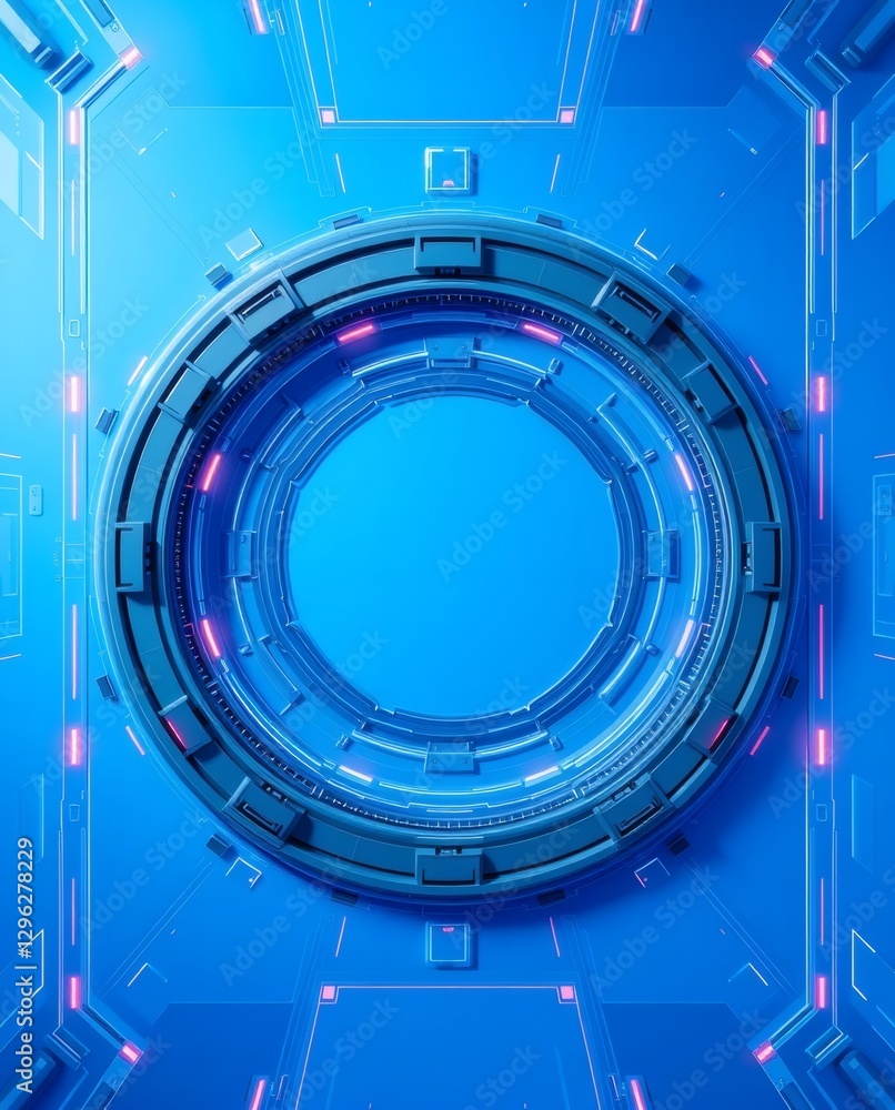 Poster an abstract blue futuristic portal with a circular design and neon lighting, with a glowing effect