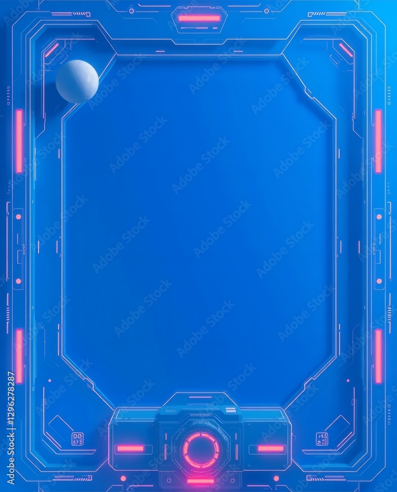 Poster futuristic digital frame with a glowing neon border and a orb. the overall scene has a sleek, modern