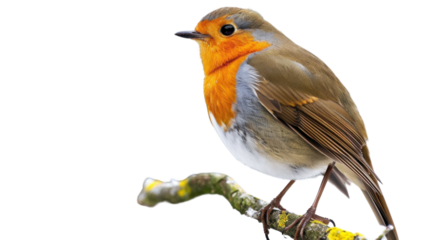 Vibrant robin perching on branch with transparent background