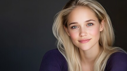 Fototapeta premium A blonde woman with blue eyes is smiling and wearing a purple sweater