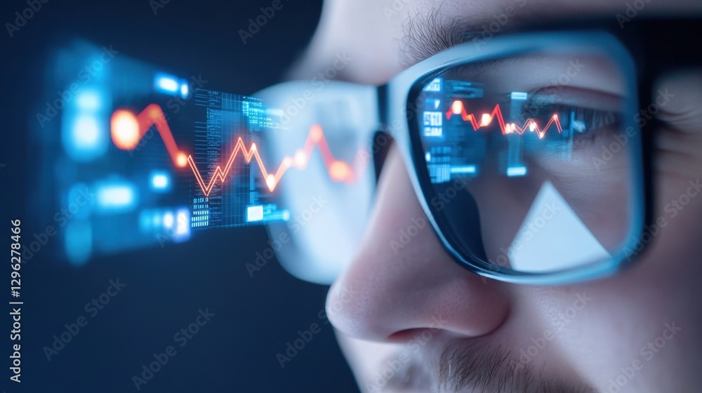 Aufkleber analyzing market trends with smart glasses office setting digital insights high-tech environment clo