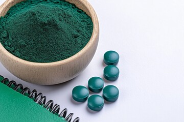 Spirulina powder in a wooden bowl and a green spiral notebook on a white background, with some round pills of spirulina next to it