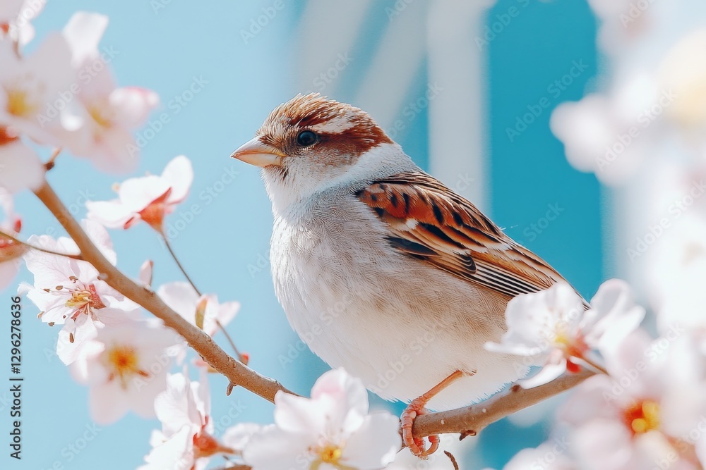 Poster a small bird perched on the branch of an apple tree, surrounded by blooming flowers and soft sunligh