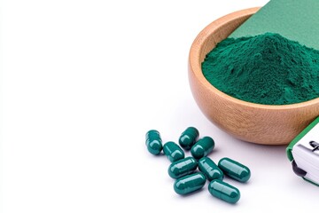 Spirulina powder in a wooden bowl and a green spiral notebook on a white background, with some round pills of spirulina next to it