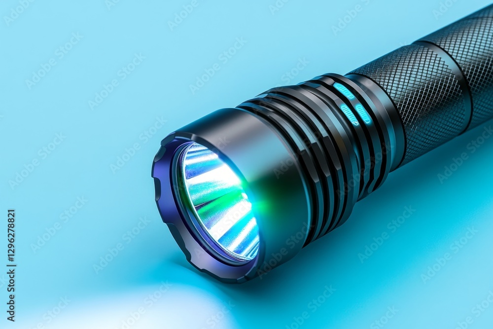 Poster A small flashlight is lying on the table, illuminated by its beam of light. The flashlight has an elongated shape with a textured metal body and a black matte finish. It features multiple buttons