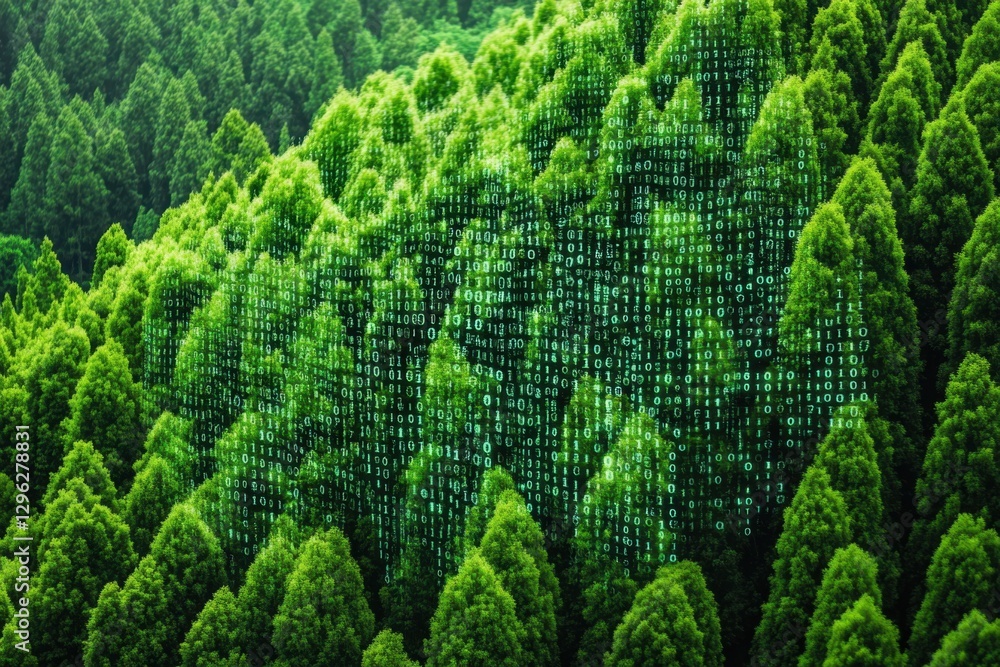 Poster a photo showcasing a dense forest filled with numerous green trees creating a vibrant and lush envir