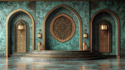 Teal and gold Islamic architecture interior with arched alcoves, ornate details, and a circular centerpiece.