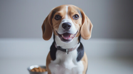 A beagle sitting next to a dog bowl with food on a white floor