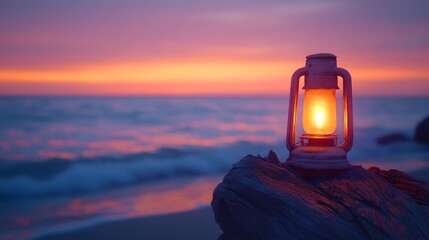 Fototapeta premium Glowing vintage oil lantern sits on weathered driftwood at serene beach sunset, with pastel orange-purple sky, calm waves, and rocky shore, casting warm ambient light in dreamy scene.