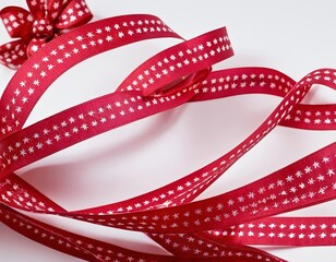 A vibrant red ribbon adorned with white snowflakes, perfect for festive gift wrapping.