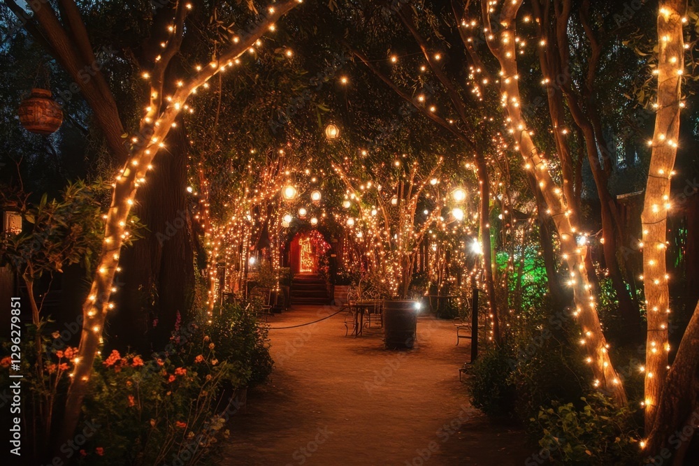Poster a photo showcasing a dense forest with numerous trees illuminated by an array of lights an ethereal 