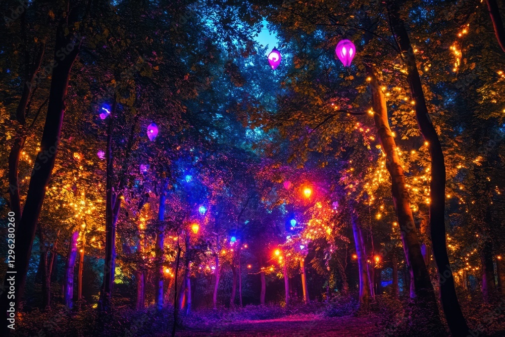 Poster a photo showcasing a dense forest with numerous trees illuminated by an array of lights an ethereal 