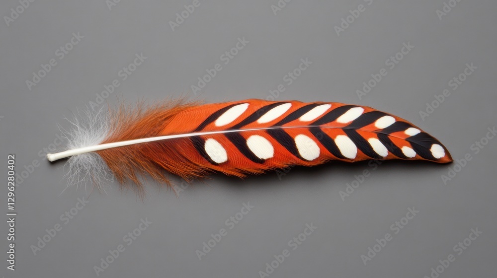 Poster a feather with a black and white pattern is displayed on a grey surface. the feather is predominantl