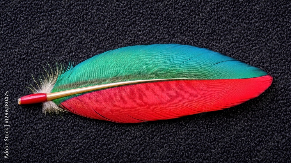 Poster a feather with a red and green stripe on it. the feather is on a black surface. the feather is color