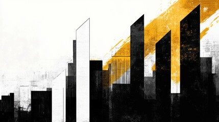 Abstract urban skyline with striking geometric architecture and yellow accent