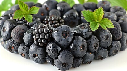 Blackberries artistically arranged in a heart shape with small green leaves complementing the design on a white background