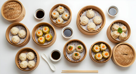 Variety of Steamed Dumplings in Bamboo Baskets with Soy Sauce