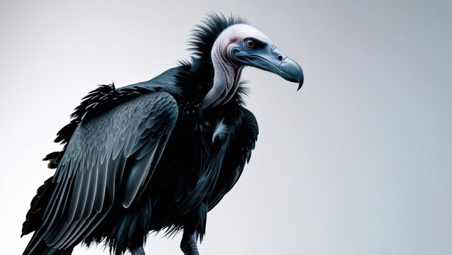 Majestic Black Vulture Portrait with Distinctive Features against a Gradient Grey Background in Detailed Close Up Wildlife