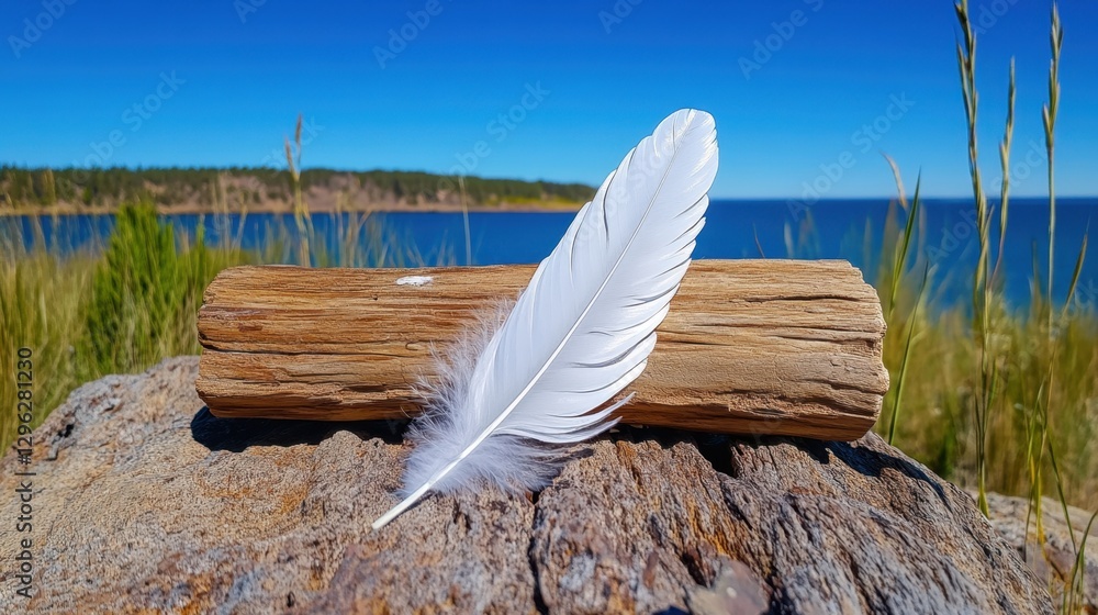 Poster a white feather is on a log by the water. concept of calmness and serenity, as the feather and log a