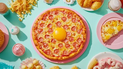 Pizza with pepperoni and a yolk in the center