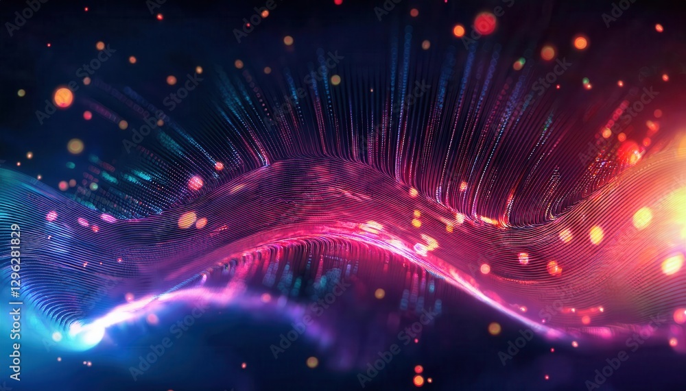 Poster vibrant digital wave with glowing particles and neon light streaks in deep space, futuristic technol
