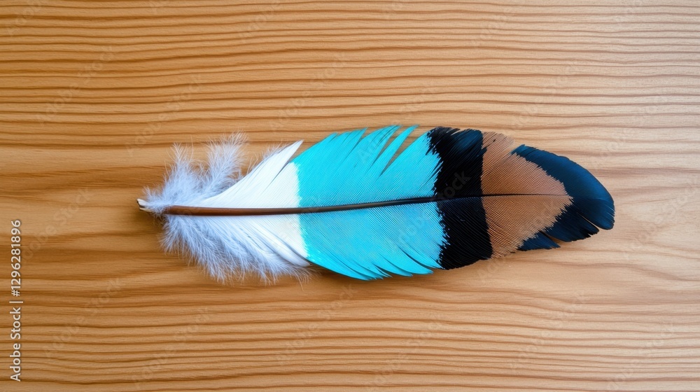 Poster a colorful feather is on a wooden surface. the feather is multi-colored and has a unique design. con