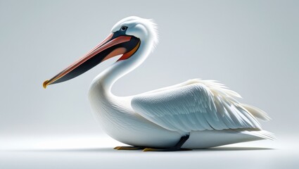 Majestic White Pelican with Long Beak Posing on Light Background Detailed Feather and Pixelated Texture in Studio Lighting