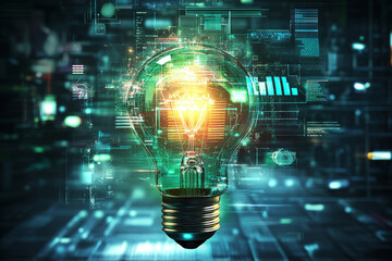Futuristic glowing light bulb with digital technology interface