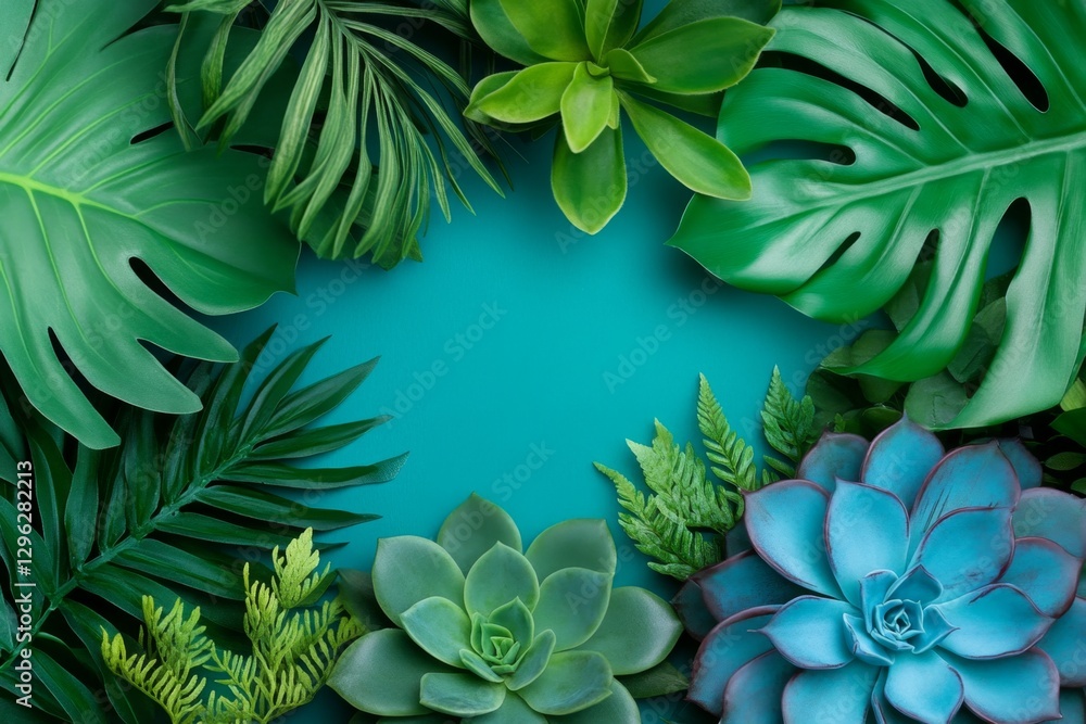 Poster a top view of succulents in shades of teal and emerald, with dark green leaves in the background. th