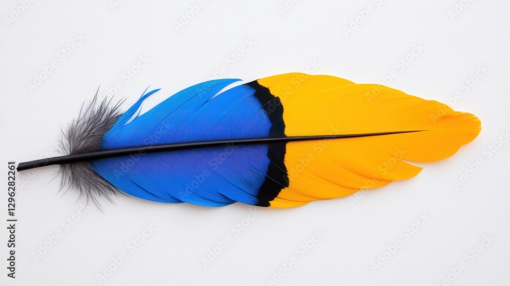 Poster a blue and yellow feather with a black tip. the feather is on a white background. the feather is col