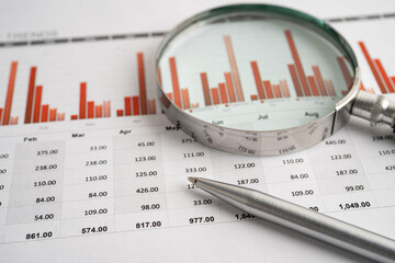 Magnifying glass on charts graphs paper. Financial development, Banking Account, Statistic, Investment Analytic research data economy.