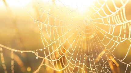 A spider web glistening with morning dew, backlit by the warm golden light of sunrise.